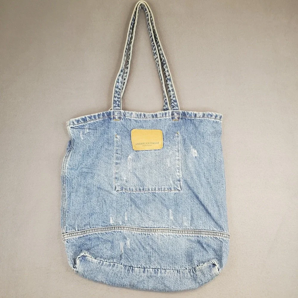 AMERICAN EAGLE Distressed Blue Jean Denim Shoulder Tote‎ Bag Logo Spellout